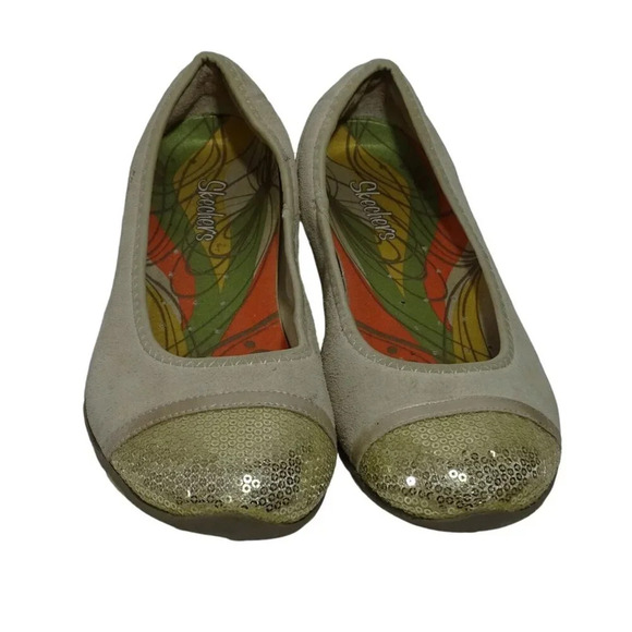 Skechers Beige Suede Ballet Flats Gold Sequins Women Size 8.5 Comfort Round Toe - Picture 3 of 9
